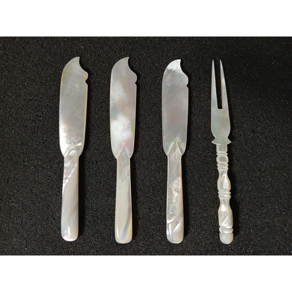 Antique MOP Carving Set 4pc 5" Mother of Pearl Knives Forks Iridescent